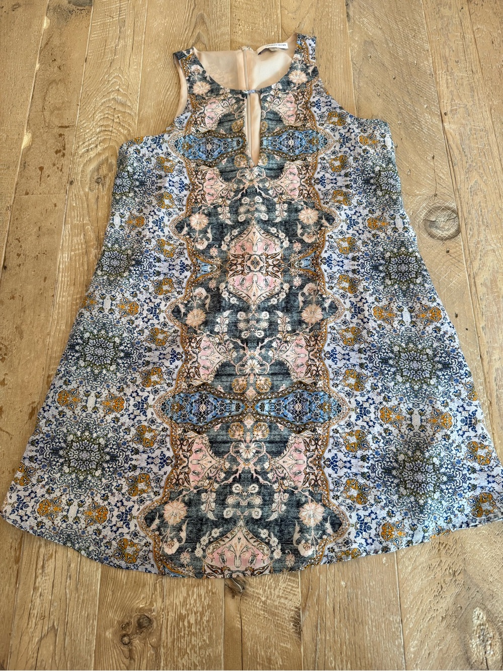 Lavender Brown Silk Printed Sleeveless A-Line Top in Blue, Pink & Cream S